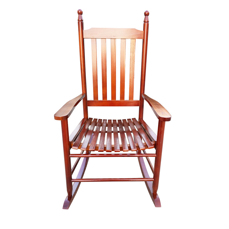 Confortable mobilier de véranda en bois, fabrication brune, chaise berçante à large siège en bois franc massif et accoudoirs avec dossier à lattes stable Outils d'assemblage faciles Capacité de poids maximale de 250 lb