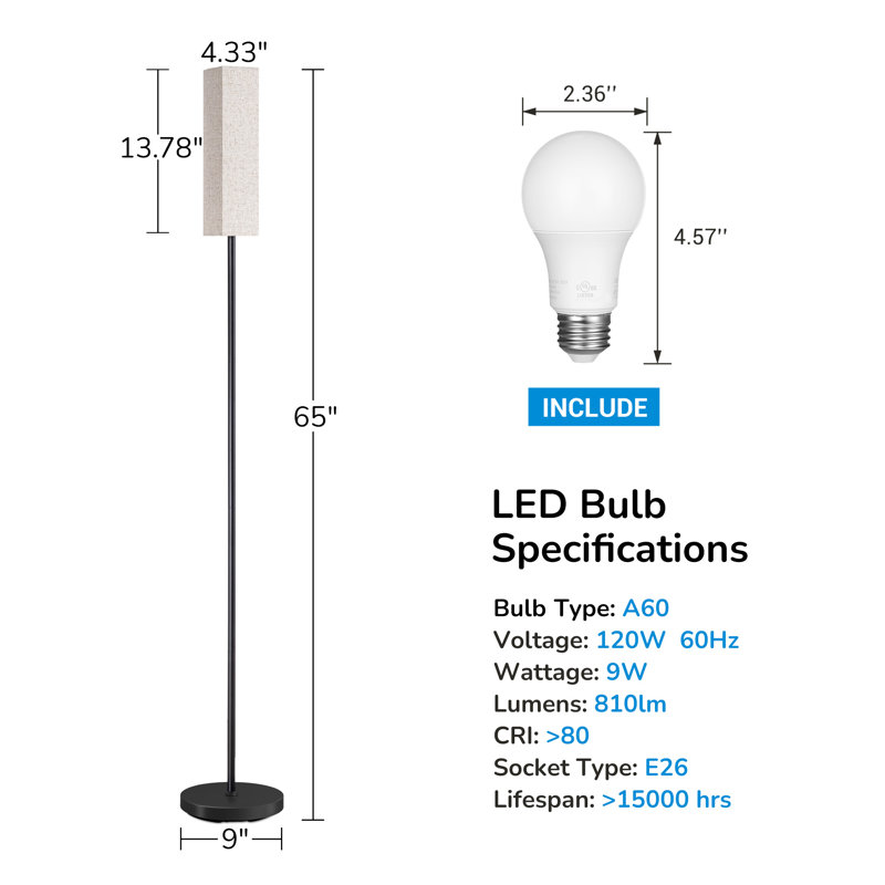 Osblek 65'' Traditional Floor Lamp with Remote Control and Bulb Included, Black