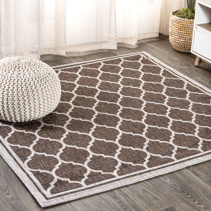 Hague Moroccan Trellis Textured Weave Espresso/Taupe Indoor/Outdoor Rug, Square 3'1"