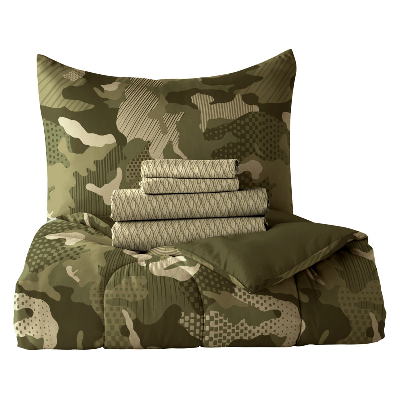 Dream Factory Geo Camo Comforter Set, Full Comforter +2 Pillowcases+2 Sheets+2 Shams, Green/Gray