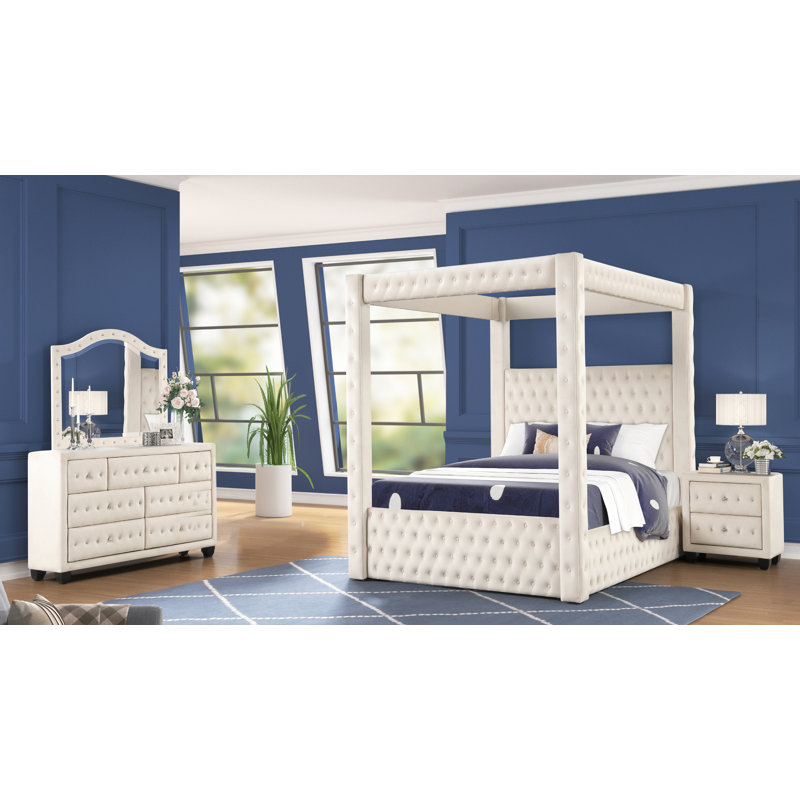 Janeece Upholstered Canopy 4 Piece Bedroom Set, Cream, King