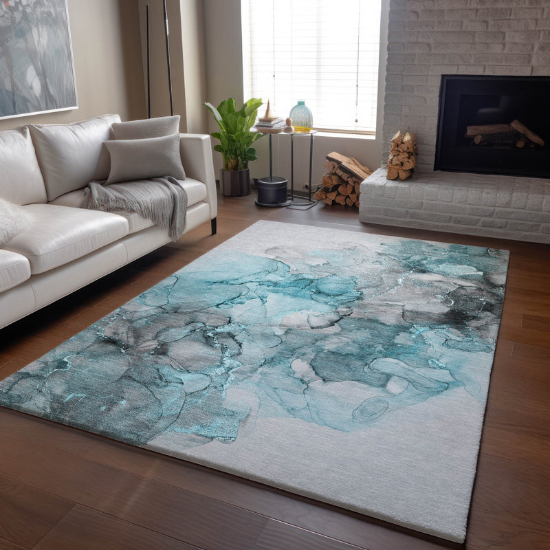 Premium Machine Washable Cerrito AMF520 Teal Rug, Rectangle 8' x 10'
