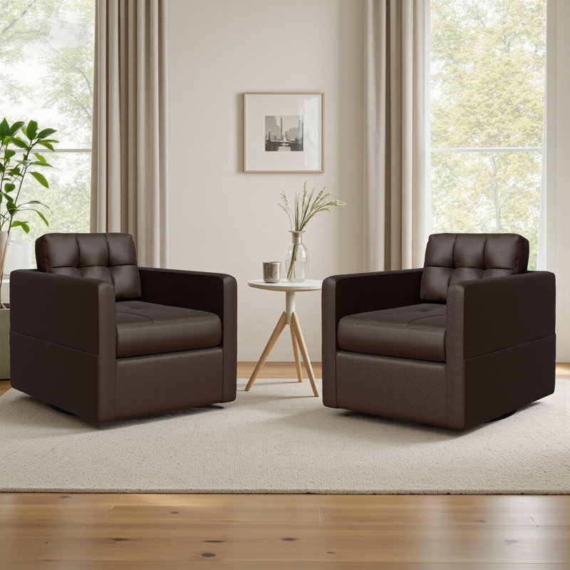 Fauteuil pivotant en cuir de 34,3 po de largeur avec base rembourrée, Café