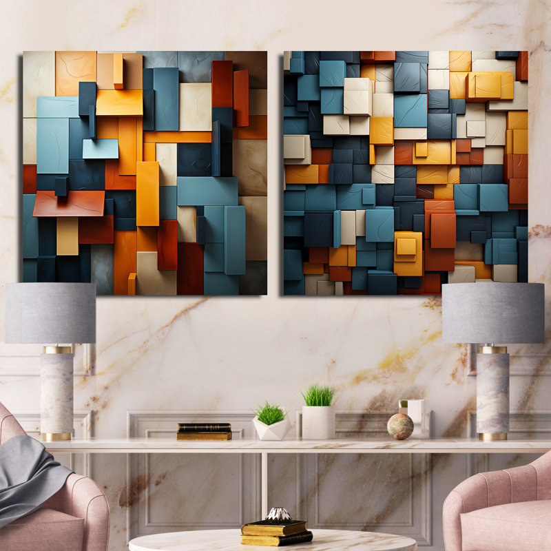 Cubist Harmony Tones Collage - Ensemble de 2 cubes cubiques, Toile tendue, H 16 po x l 33 po