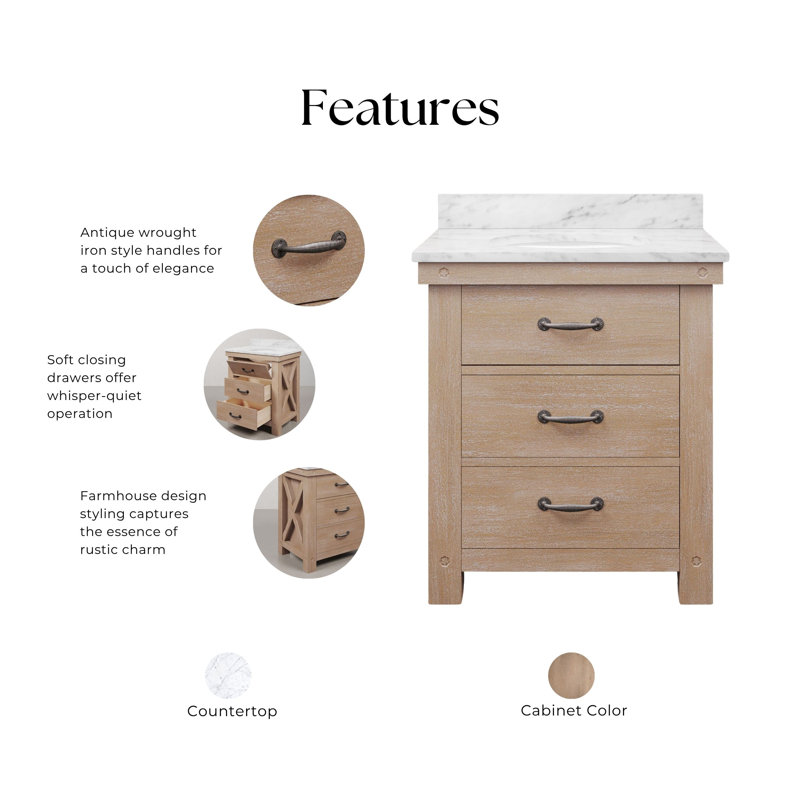 Jessen 30'' W Single Vanity, Toffee Latte, Carrara White