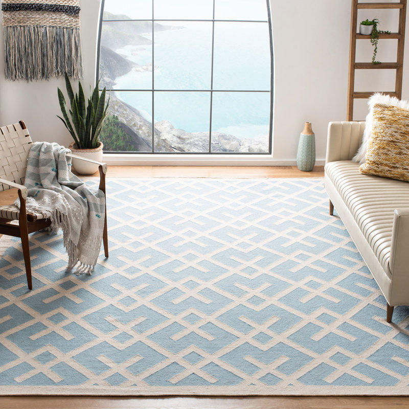 Tapis géométrique en laine / coton tissé à la main Fung en bleu clair / ivoire, Rectangle 10 pi x 14 pi