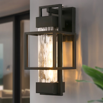 1-Light Modern Black Outdoor Wall Lantern With Water Glass, Photocell Sensor, And T10 Bulb For Exterior Lighting
