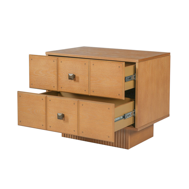 Halvoria Mid-Century Wood Nightstand with Drawers, Fluted Pedestal Base & Brass Knobs for Bedroom & Living Room, Brown, 2