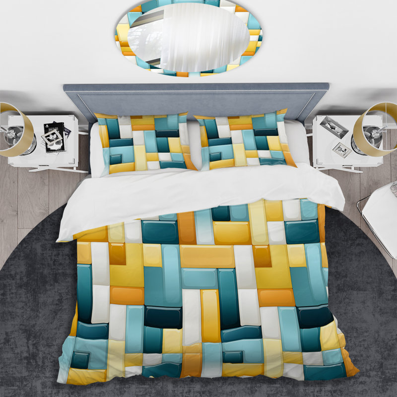 Ensemble de housse de couette jaune et bleu à blocs géométriques Harmony I, Housse de couette simple + 1 taie décorative stan