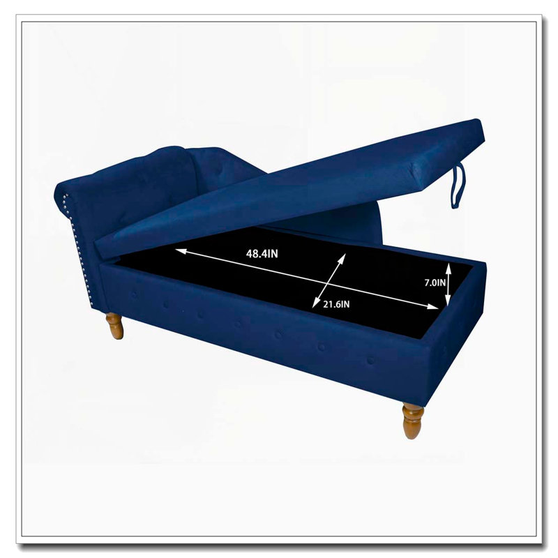 Chaise longue en velours avec rangement, coussin et garniture cloutée, Marine