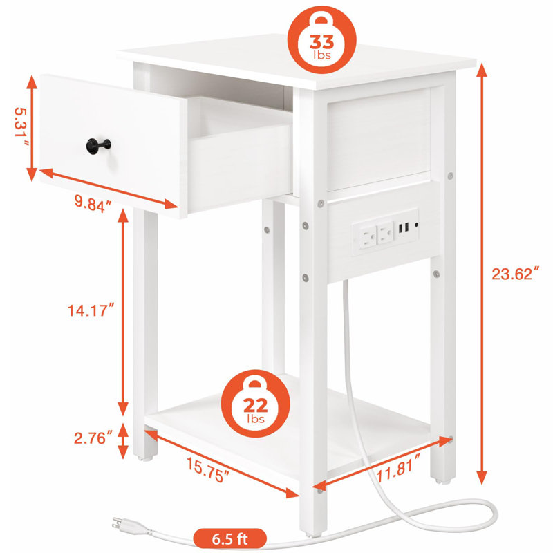 Mouzon Nightstand with Charging Station, White