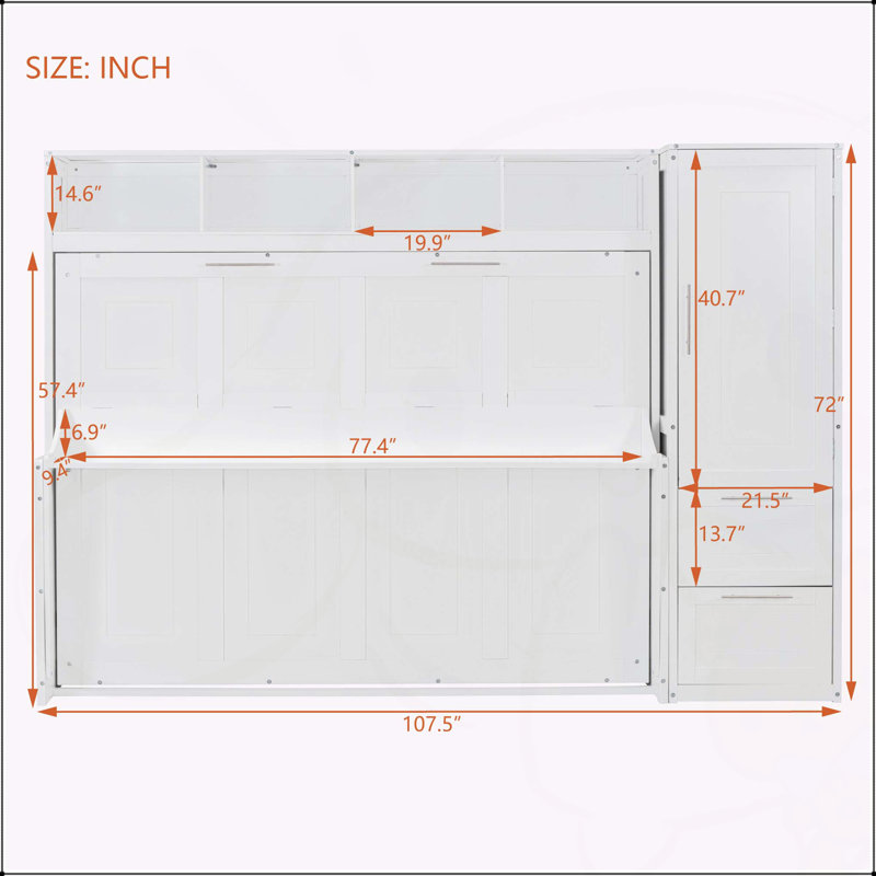 Lit escamotable mural avec placard et tiroirs Murphy, Double, Blanc
