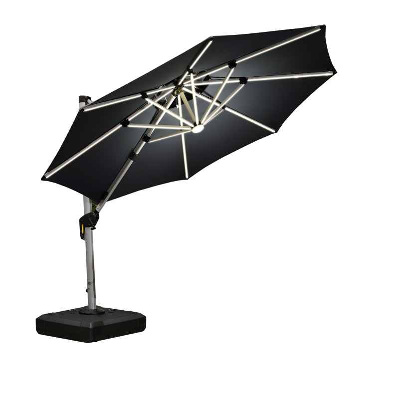 11 round cantilever solar patio umbrella with base Outdoor & LED Umbrellas 11' / Beige The growing popularity of cantilever umbrellas due to their adaptability and distinctive looks make them a perfect choice for anyone who wants a premium shade product with maximum usefulness Seasons Sentry 11' LED Solar