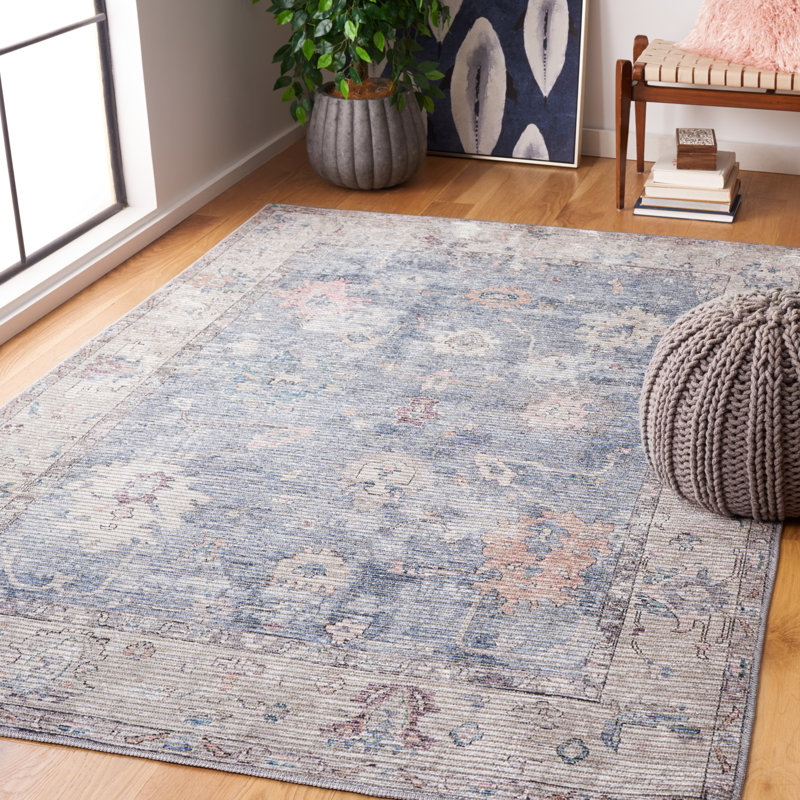 Tapis oriental bleu / beige en jute / coton tissé à la machine Mua, Rectangle 4 pi x 6 pi