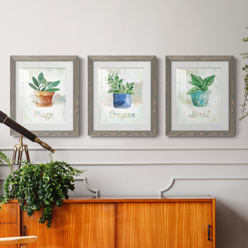 Basilic en pot - ensemble de 3 cadres photo, H 37,5 po x l 82,5 po x P 1,5 po, Gris