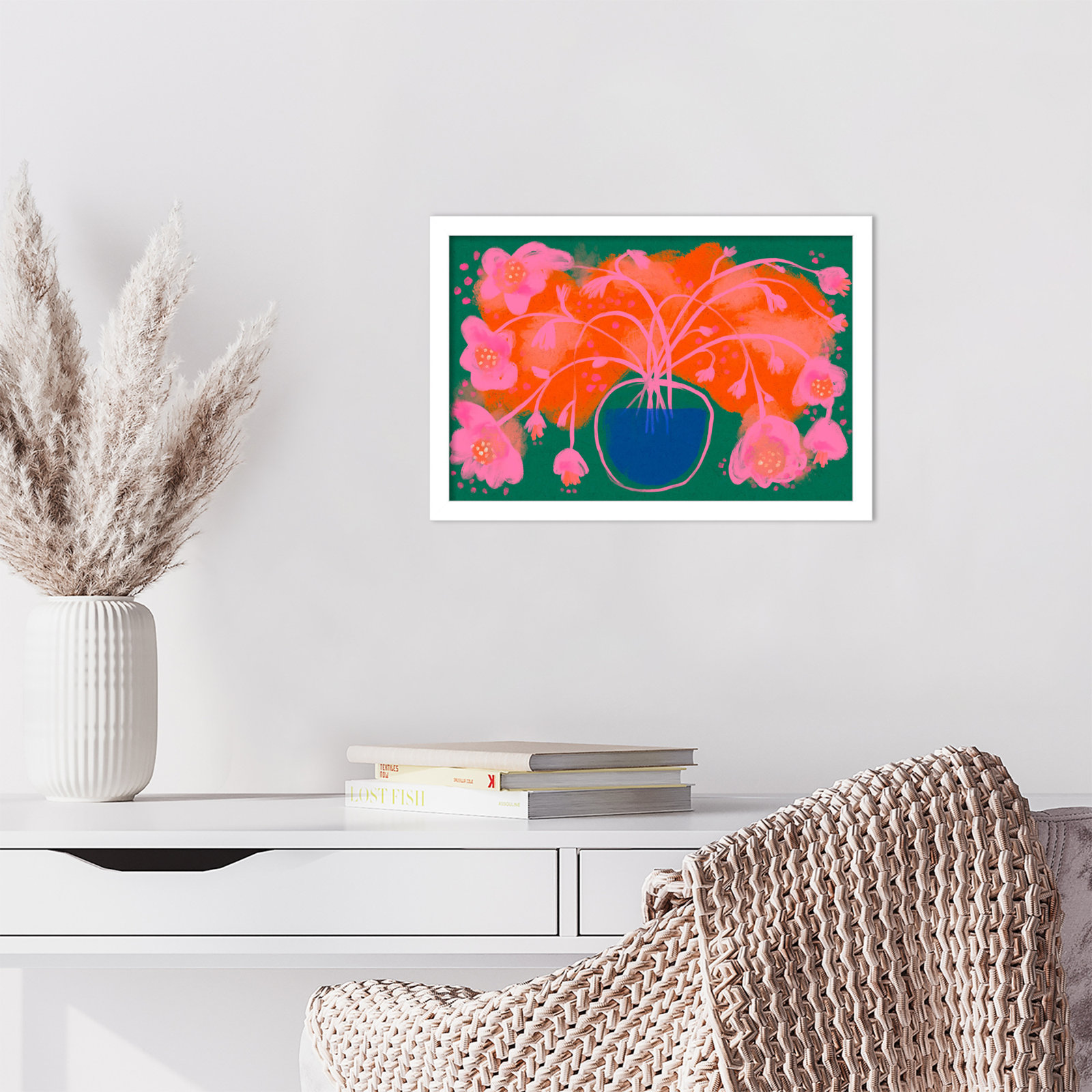 Galya "Pink Flower Bouquet" Print, White, 12" H x 17" W