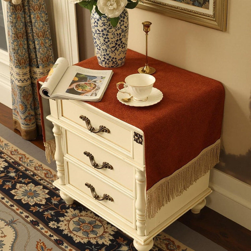 Chemin de table en velours - rouge rouille - très épais, résistant aux égratignures, glands dorés, antidérapant et infroissable, pour table de chevet, chambre à coucher ou salon