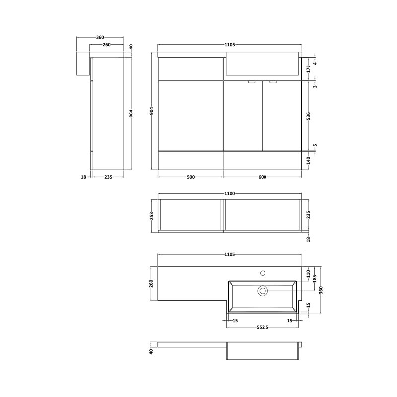 Fusion 1100mm Single Bathroom Vanity with Integrated Polymarble Basin, Anthracite Woodgrain