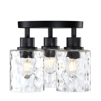 3-Light Semi Flush Mount Ceiling Light, Matte Black Modern Farmhouse Close to Ceiling Light Fixture, Vintage Industrial Clear Water Glass Shade for Kitchen, Hallway, Foyer, 13-Inch