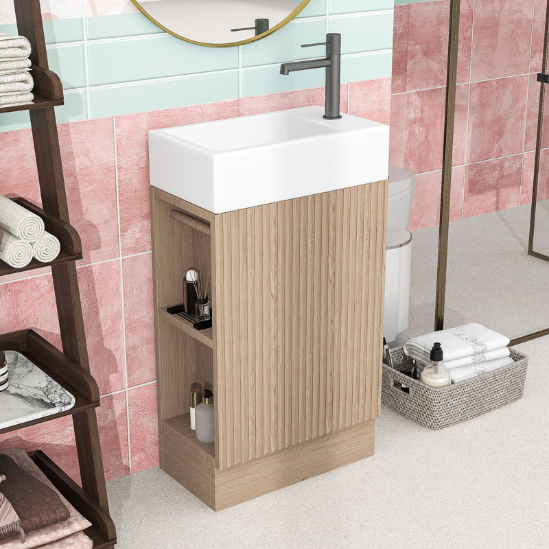 Meuble-lavabo en bois et tablette en céramique, Naturel