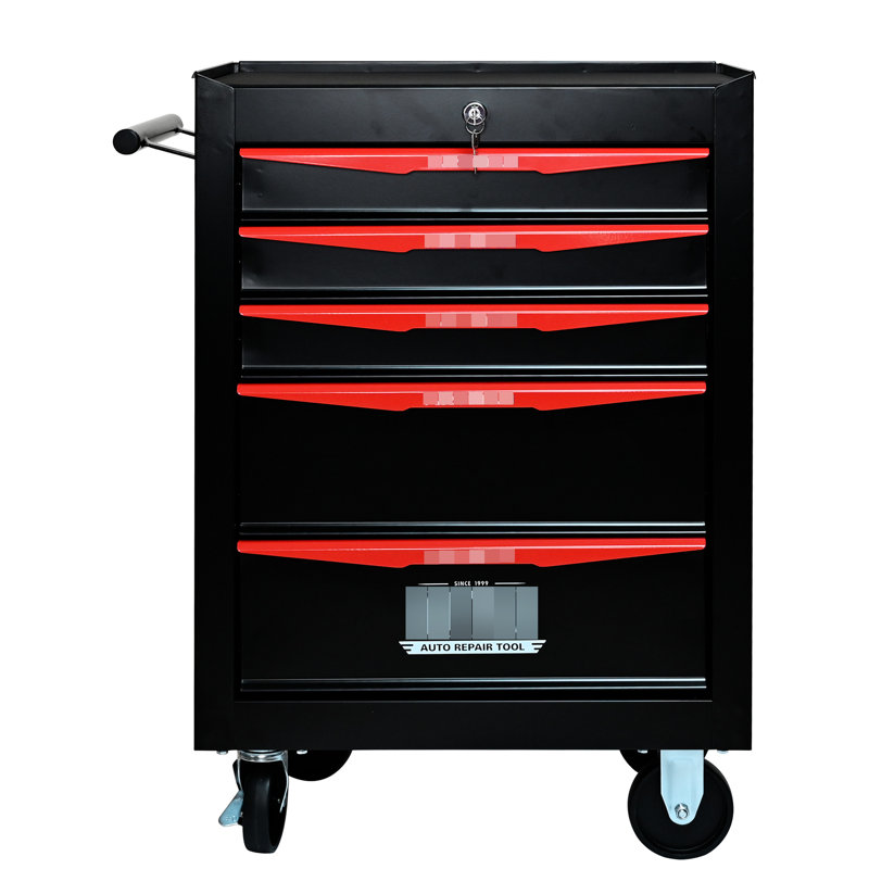 Organisateur de boîte à outils en acier avec 5 tiroirs et serrure pivotante noire et rouge