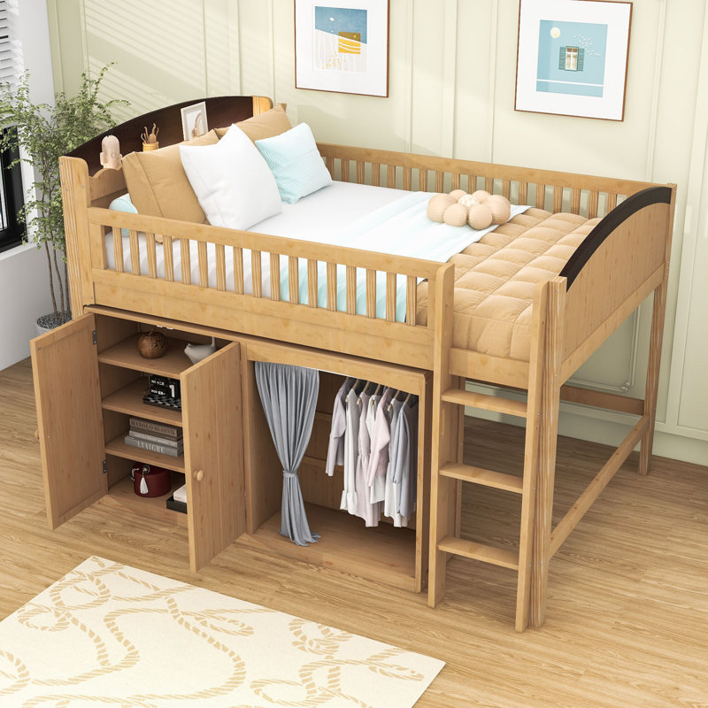Loft Bed with Cabinet, Wardrobe and LED, Full, Wood/Espresso