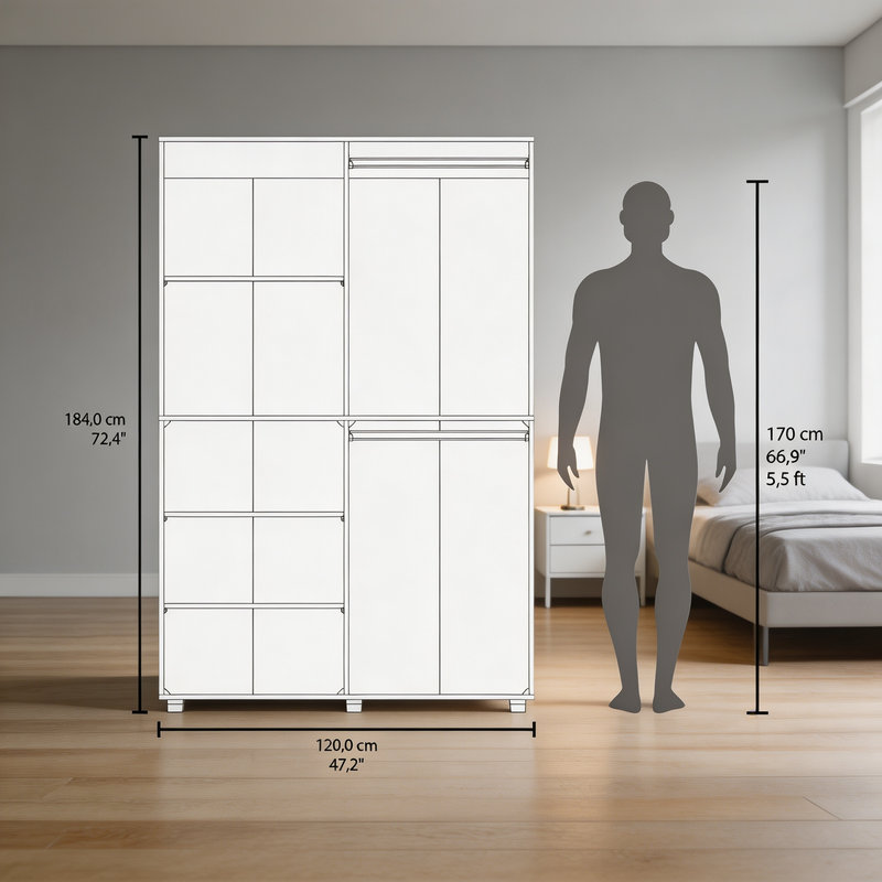 Armoire moderne autoportante Dakota à double porte avec tringle et étagères intérieures