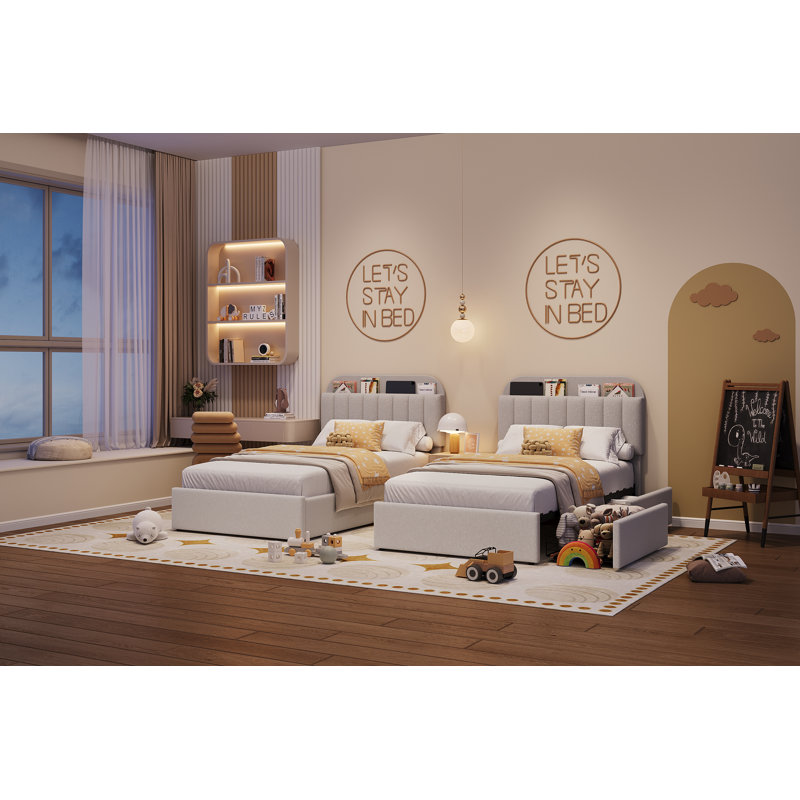 Faux Fur Upholstered Bed Frame with Storage Headboard, 2 Drawers, Grey, Twin