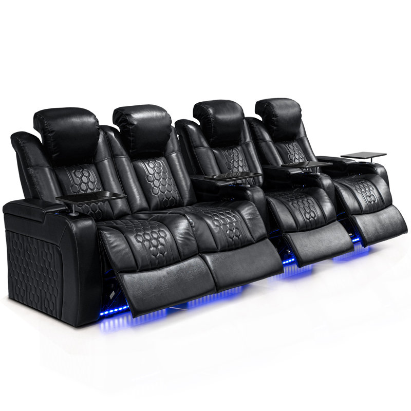 Fauteuil inclinable électrique de 124,4 po pour 4 personnes avec nappa de grain supérieur, relaxation entièrement réglable, charge intelligente, éclairage DEL RVB dynamique, noir