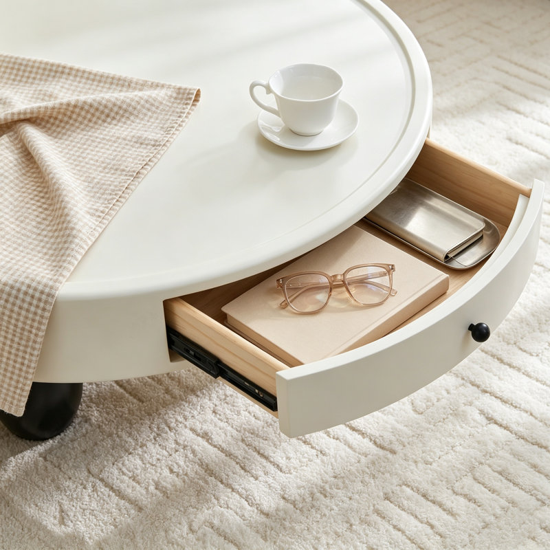 Table basse ronde moderne de 90 cm avec tiroir de rangement, plateau blanc et pieds sculpturaux noirs