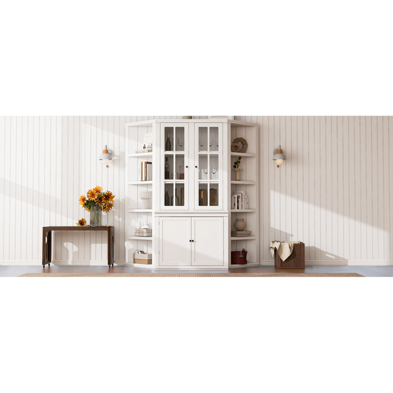 75.25'' Tall Display Cabinet And Two Triangle Sided Bookshelves, 69.25'' Wide Retro Style Wall Suit With Glass Doors, For Hallways, Living Room, Office, Studio Or Workspace