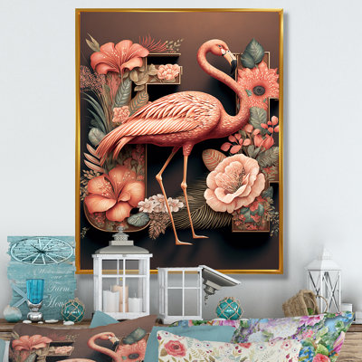 «Flamant rose avec fleurs roses» - reproduction sur toile