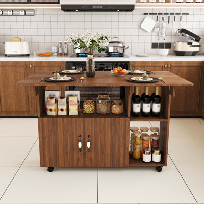Table de salle à manger pliante multifonctionnelle de 47 po avec tablettes et roulettes de rangement, bureau compact pour petits espaces, cuisine, dortoir et bureau, finition noyer