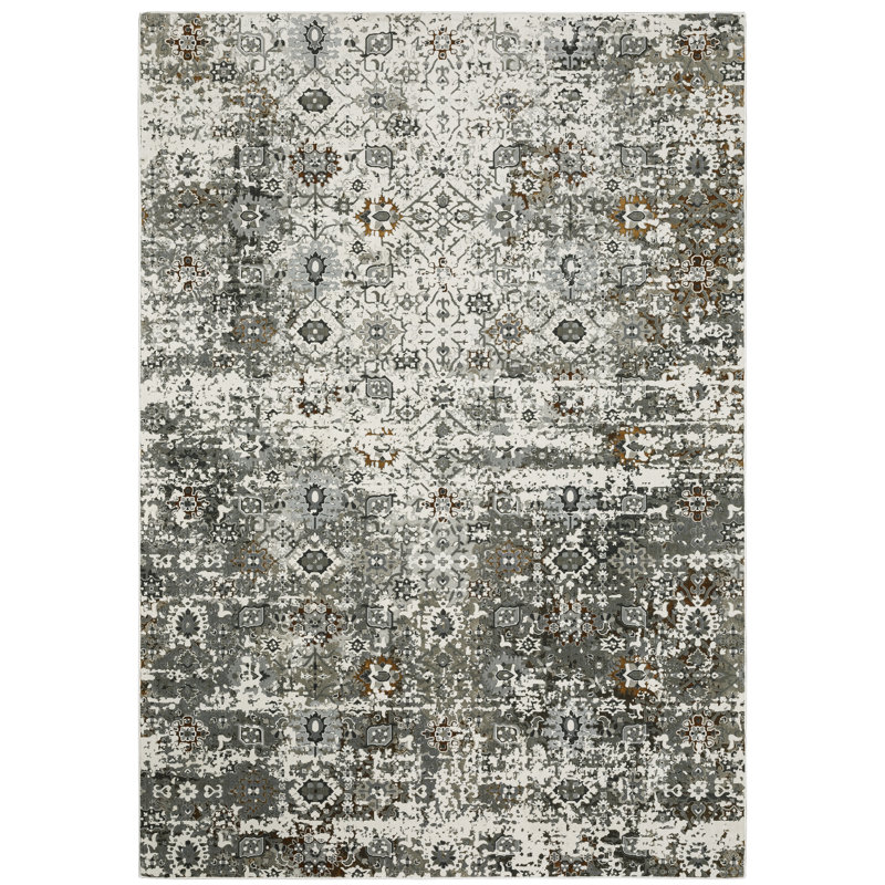 Tapis oriental en polyester tissé à la machine en gris, Rectangle 5 pi 3 po x 7 pi 6 po