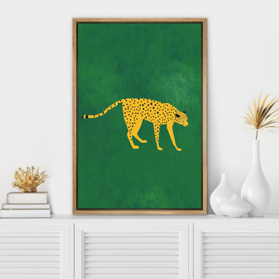 Bright Preppy Animals IDEA4WALL Framed Canvas Print Wall Art Room Decor African Cheetah Cat Green Background Nature Wilderness Drawings Boho Chic Colorful For Living Room, Bedroom, Office Framed On Canvas Bold Art