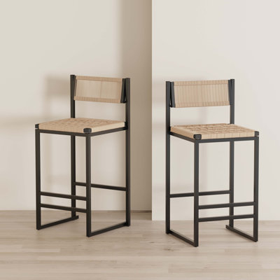 Set Of 2 Woven Bar Stools With Backrest Paper Rope Weave Dining Chairs For Kitchen Island
