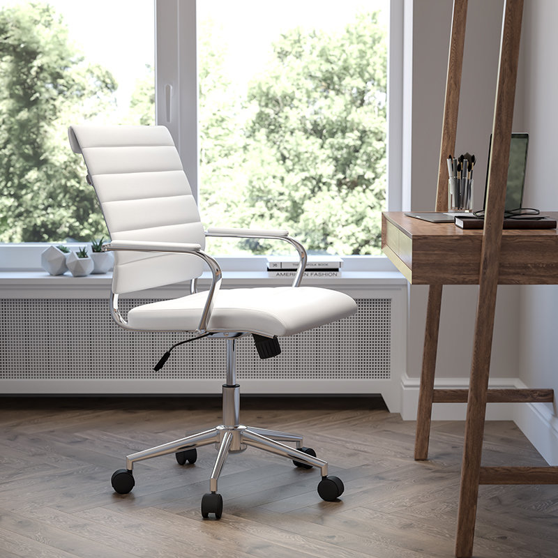 Executive High-Back Armless White Leather & Chrome Swivel Office Chair
