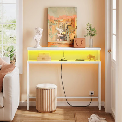 46.8" Skinny Console Table With Charging Station And LED Light,5.9" Narrow Sofa Table With Power Outlets And Type C & USB Port, Behind Couch Table For Living Room, Hallway, Entryway, White