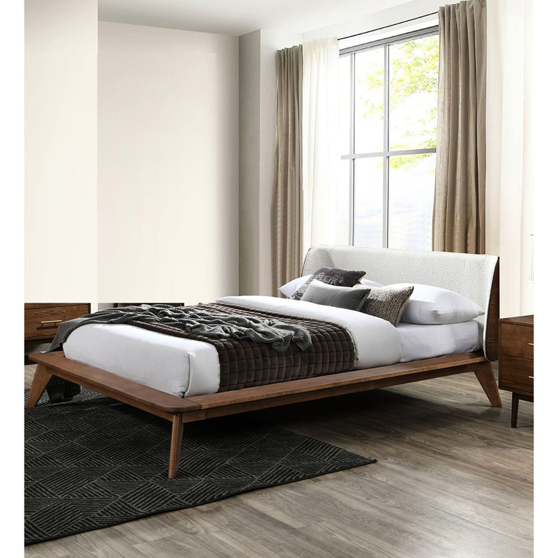 Pleine grandeur, noyer, beige, bois massif, tête de lit à panneau, moderne Mid-Century, pieds fuselés, lit en noyer de taille moderne avec fabrication en bois beige, prêt pour le matelas