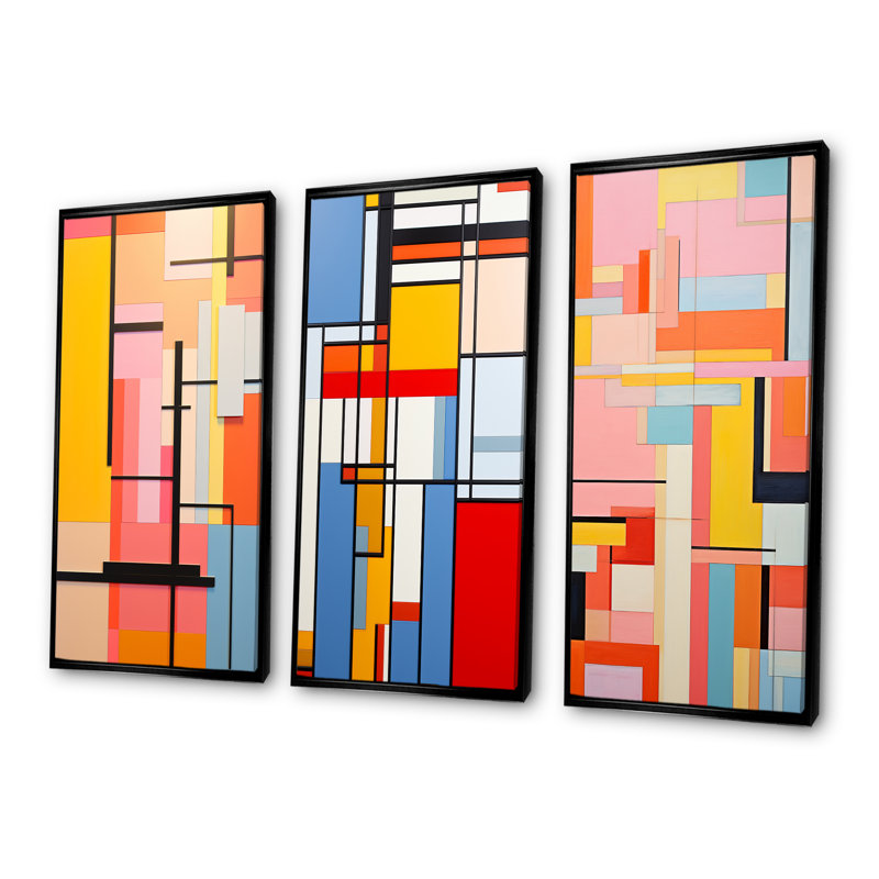 De Stijl, ensemble de 3 reproductions d'art sur toile pastel, Cadre flottant noir, H 28 po x l 36 po