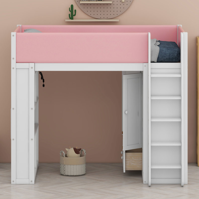 Lit mezzanine avec armoire intégrée, tiroirs et éclairage d'ambiance pour un montage facile, Lit double, Blanc
