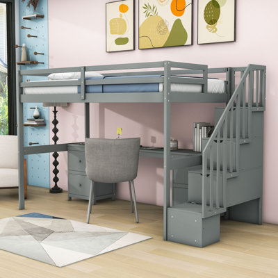  Lit mezzanine simple Juanelo avec bureau intégré, tiroirs de rangement et escalier