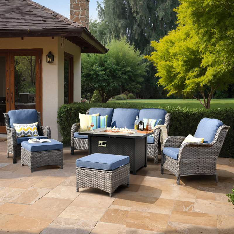 Wicker/Rattan 5 - Person Seating Group With Cushions, Gray Frame/Blue Cushion