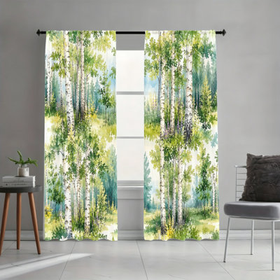 2PCS Watercolor Birch Forest Landscape Light Filtering Rod Pocket Curtains, Fresh Spring Nature Scenery Art Print Window Drapes, Convenient Rod Pocket Hanging Design, All Season Refreshing Home Decor for Living Room, Bedroom, Study