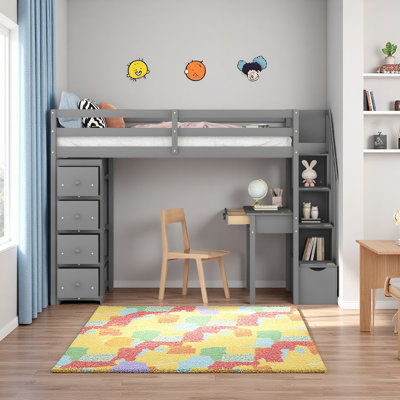 Lit mezzanine simple avec tiroirs de rangement, bureau et escalier, lit mezzanine en bois avec tablettes