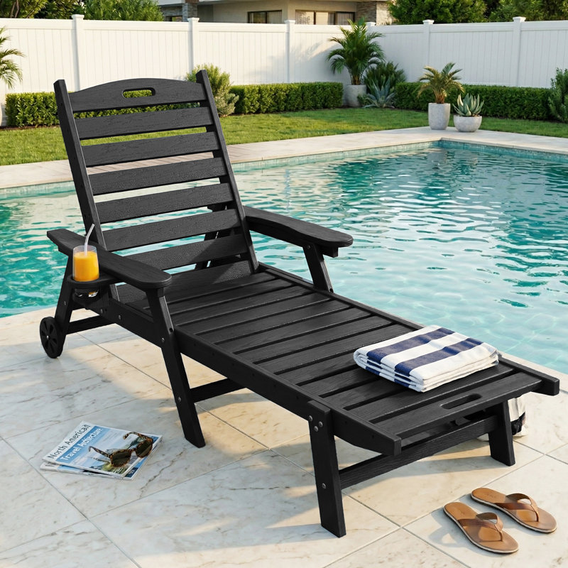 HDPE 6-Position Adjustable Patio Chaise Lounge With Wheels & Cup Holder Heavy Duty Outdoor Recliner For Pool, Blue
