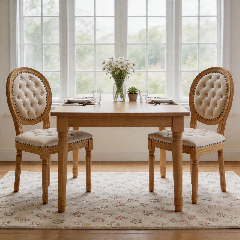 Chaise de salle à manger en bois massif de style français avec garniture cloutée (ensemble de 2), Beige