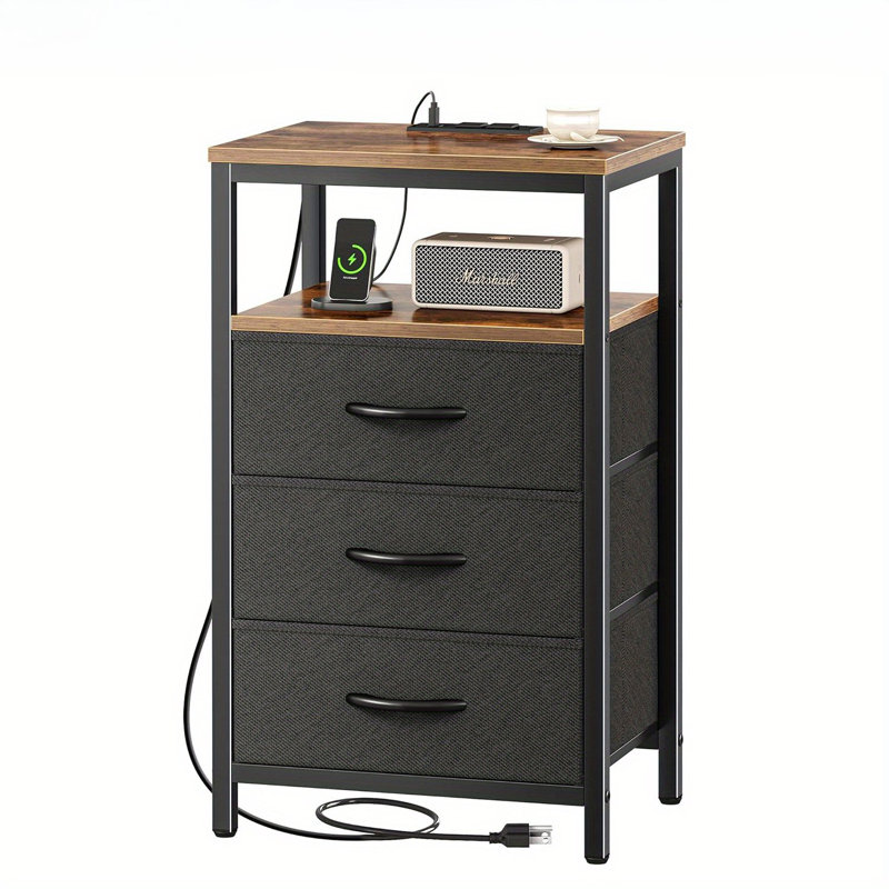 Table de chevet avec port USB et prise, 3 tiroirs en tissu, coiffeuse multifonctionnelle, Brun