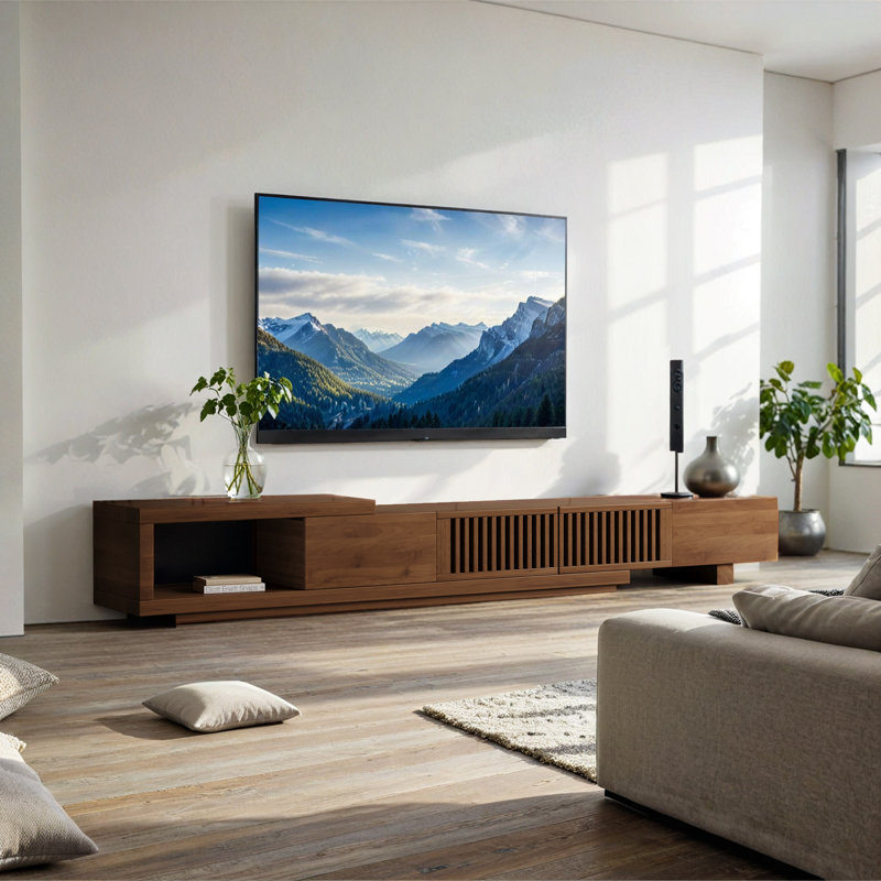 Meuble télé moderne, meuble télé rétractable jusqu'à 103 pouces, 5 espaces de rangement, pour téléviseur à écran plat