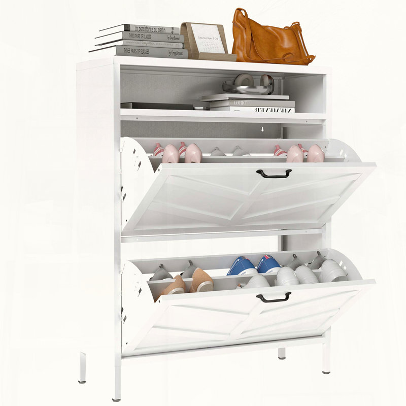 White Metal Shoe Cabinet with Flip Drawers